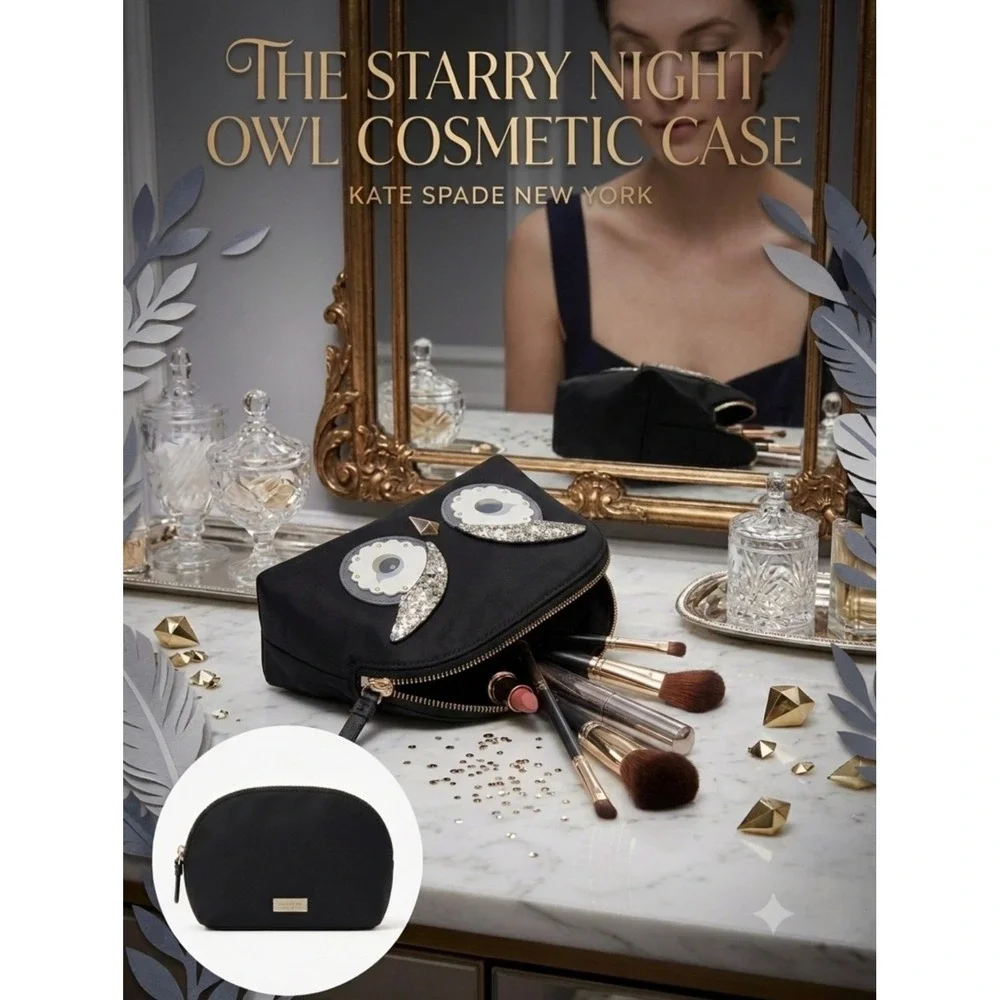 Kate Spade Cosmetic Bag Womens Black Owl Star Bright Nylon Novelty Small New